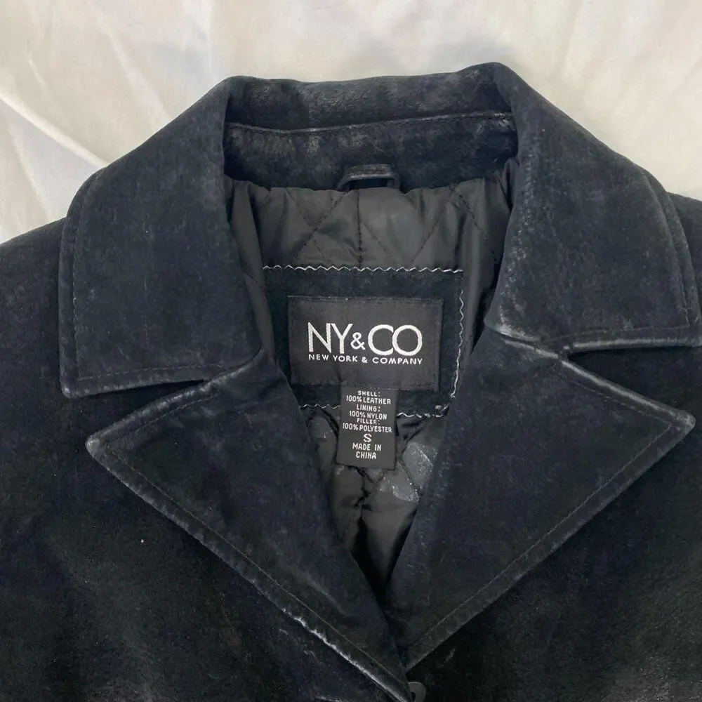 NY & Co Vintage Black Suede Tailored Button Up Elegant Boho Leather Jacket S - Picture 4 of 7